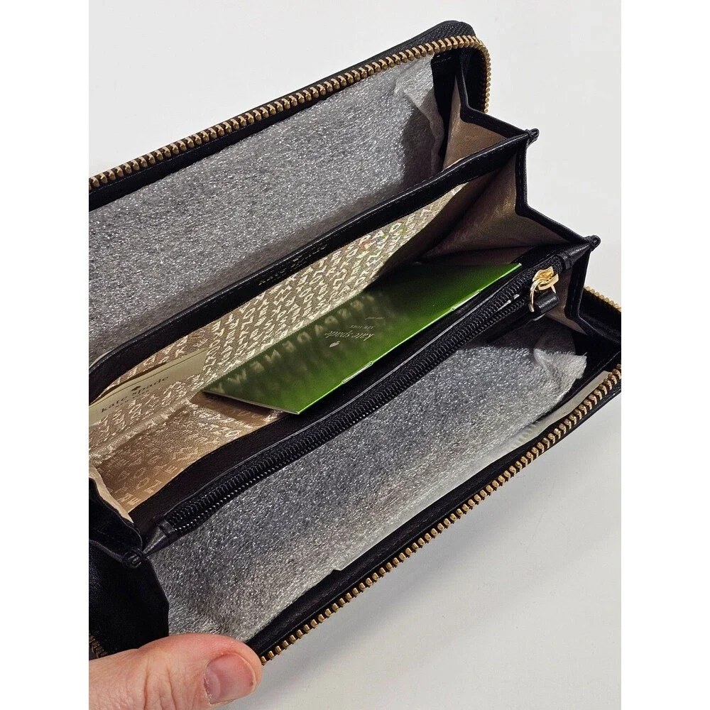 Kate Spade New York Striped Patent Leather Zip‎ Around Wallet Black Cream Clutch